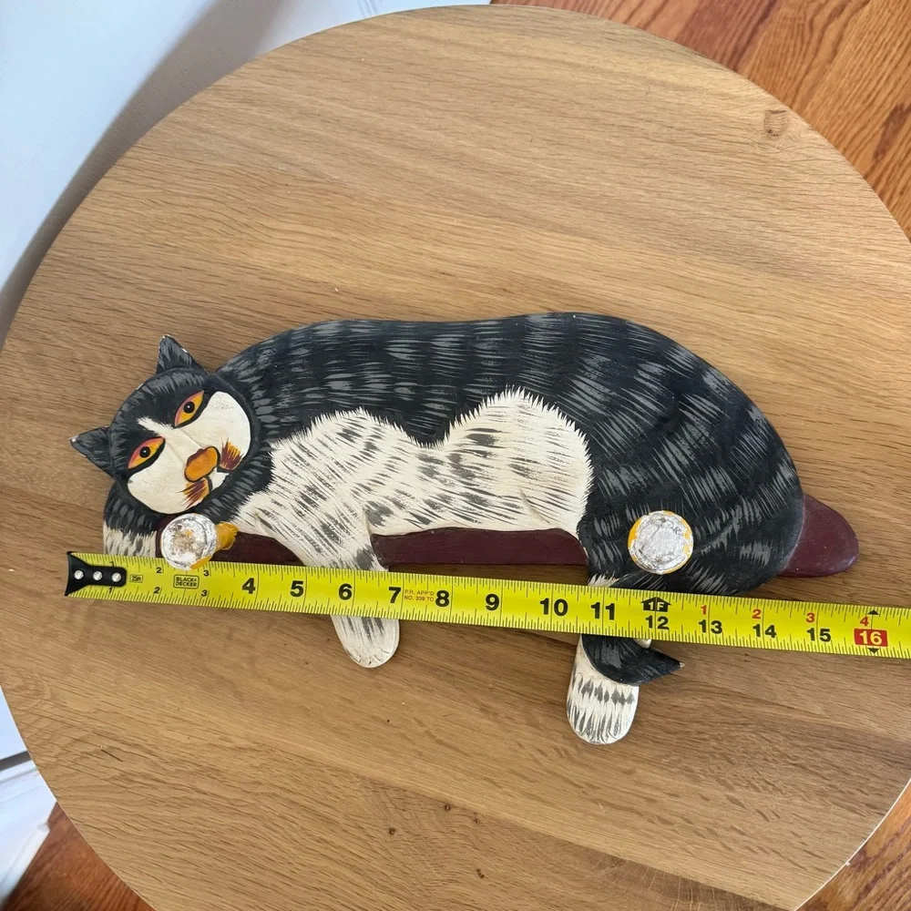 Vintage Hand Painted Wood Primitive Grey White Cat Hat Coat Hook Rack Unique
